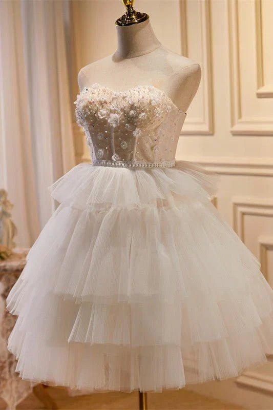 White Tulle 3D Floral Lace A Line Tiered Homecoming Dress