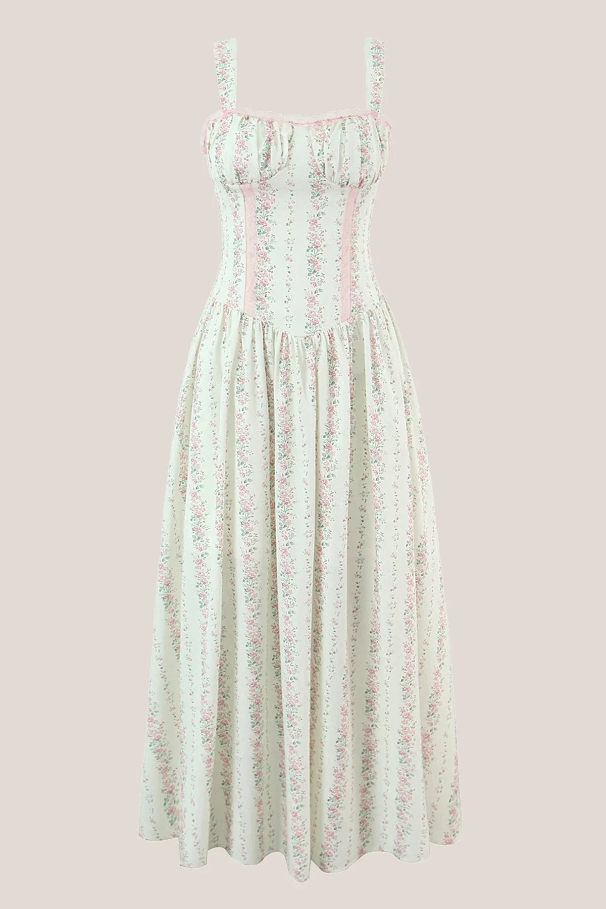 White Vintage Rose Printed A Line Cotton Midi Dress