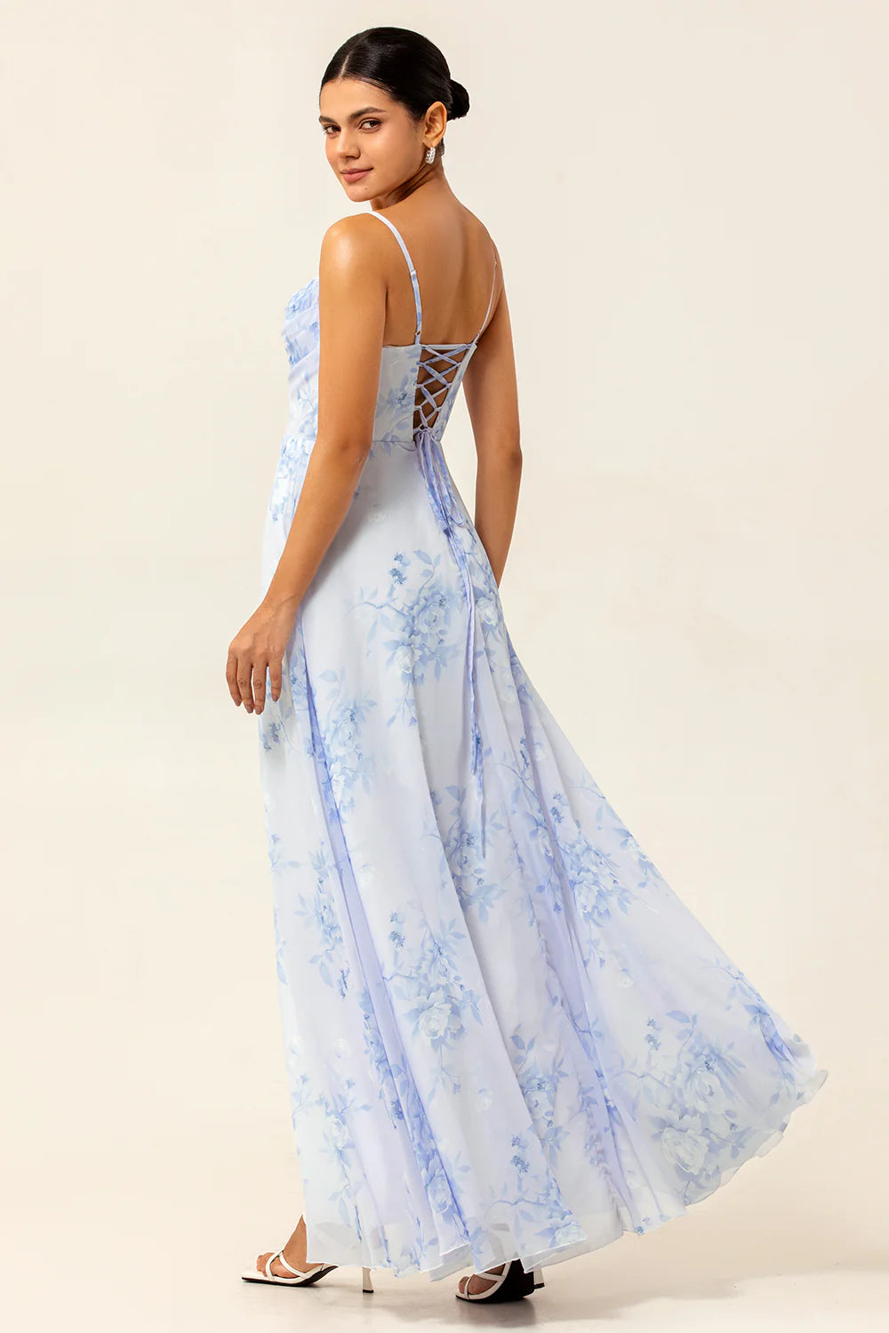 Blue A Line Spaghetti Straps Print Floral Chiffon Maxi Bridesmaid Dress with Slit
