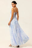 Blue A Line Spaghetti Straps Print Floral Chiffon Maxi Bridesmaid Dress with Slit