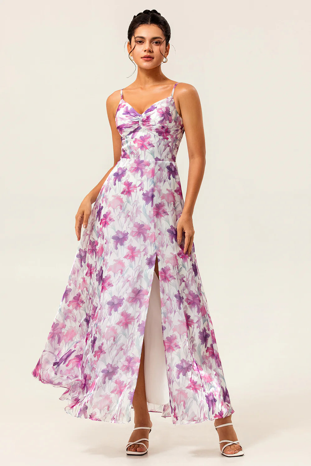 Purple Flower A Line Spaghetti Straps Front Knot Print Maxi Dress with Slit
