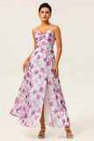 Purple Flower A Line Front Knot Print Maxi Plus Size Bridesmaid Dress with Slit