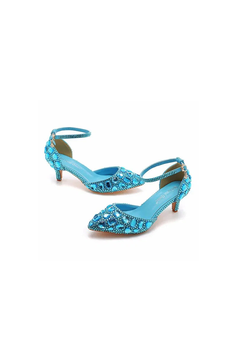 Pointed Toe Crystal Diamond Ankle Strap Kitten Heels