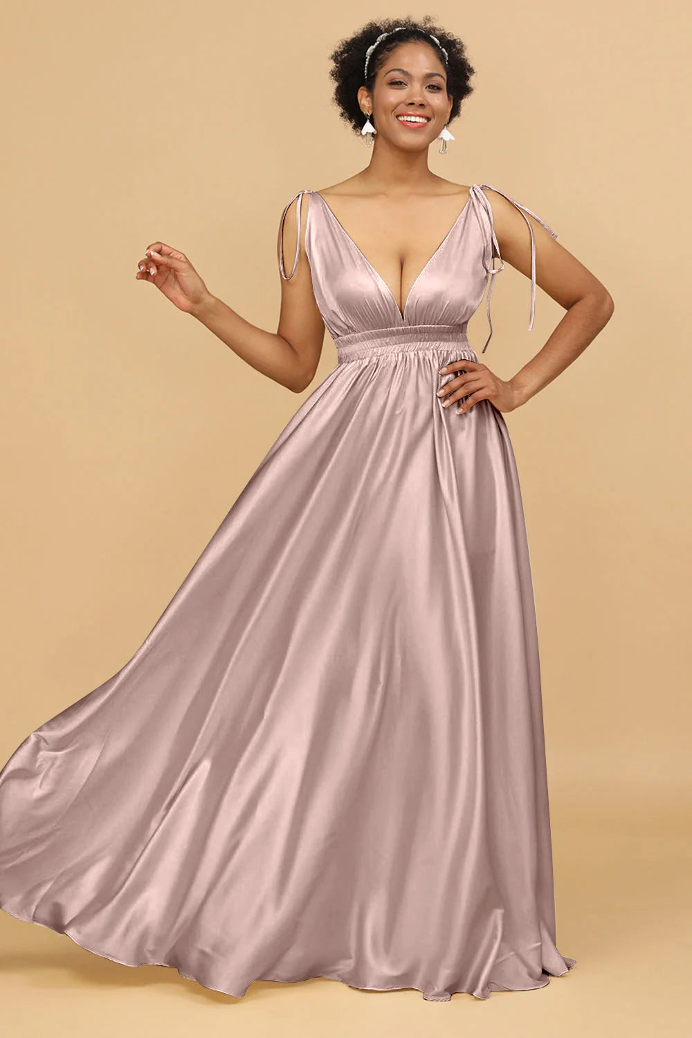 A Line Deep V Neck Backless Floor Length Bridesmaid Dress