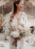 Unique Lace V Neck Mermaid Bohemian Flare Long Sleeve Beach Bridal Gowns