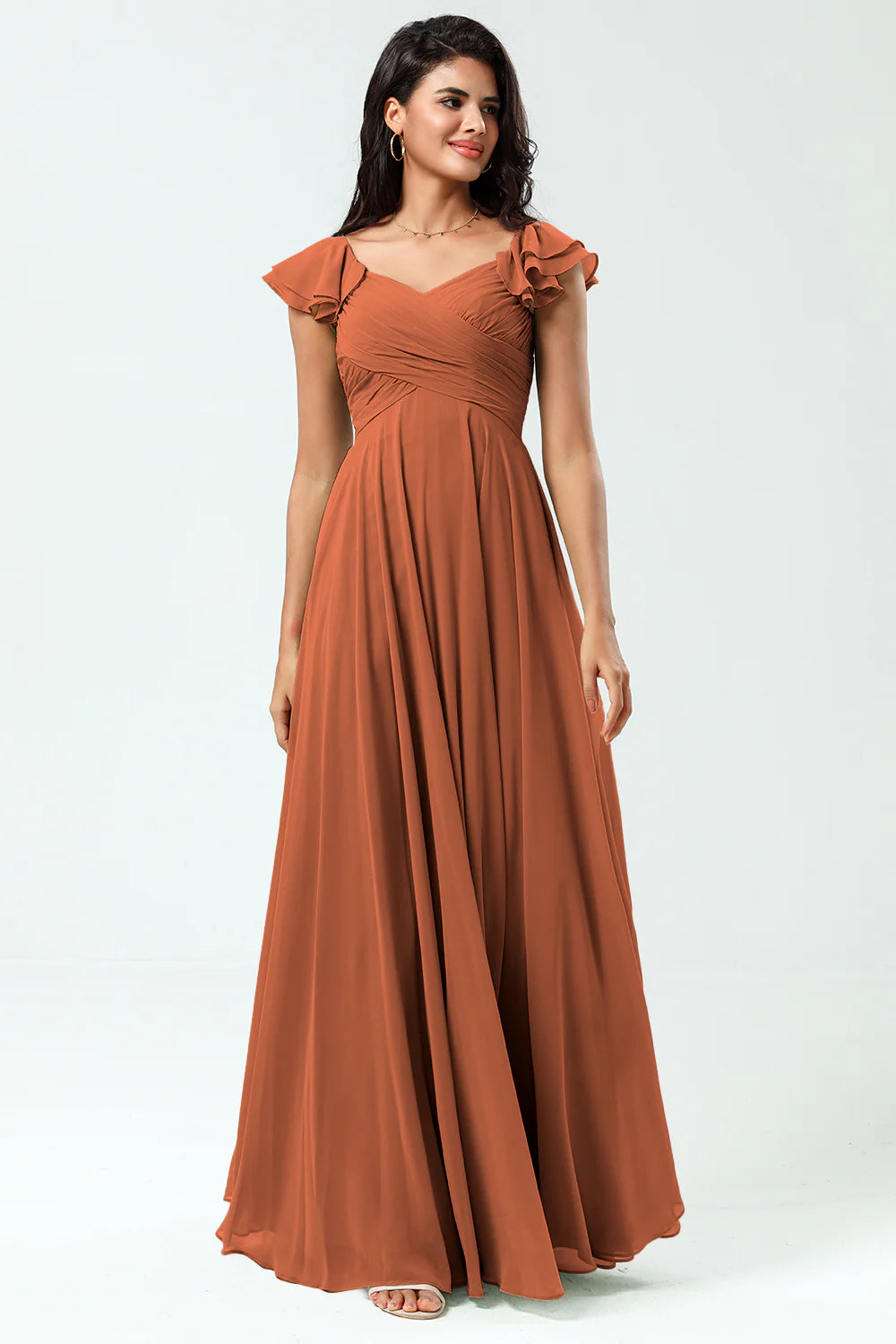 Lace Up Back Cross A Line Chiffon Bridesmaid Dress with Ruffles