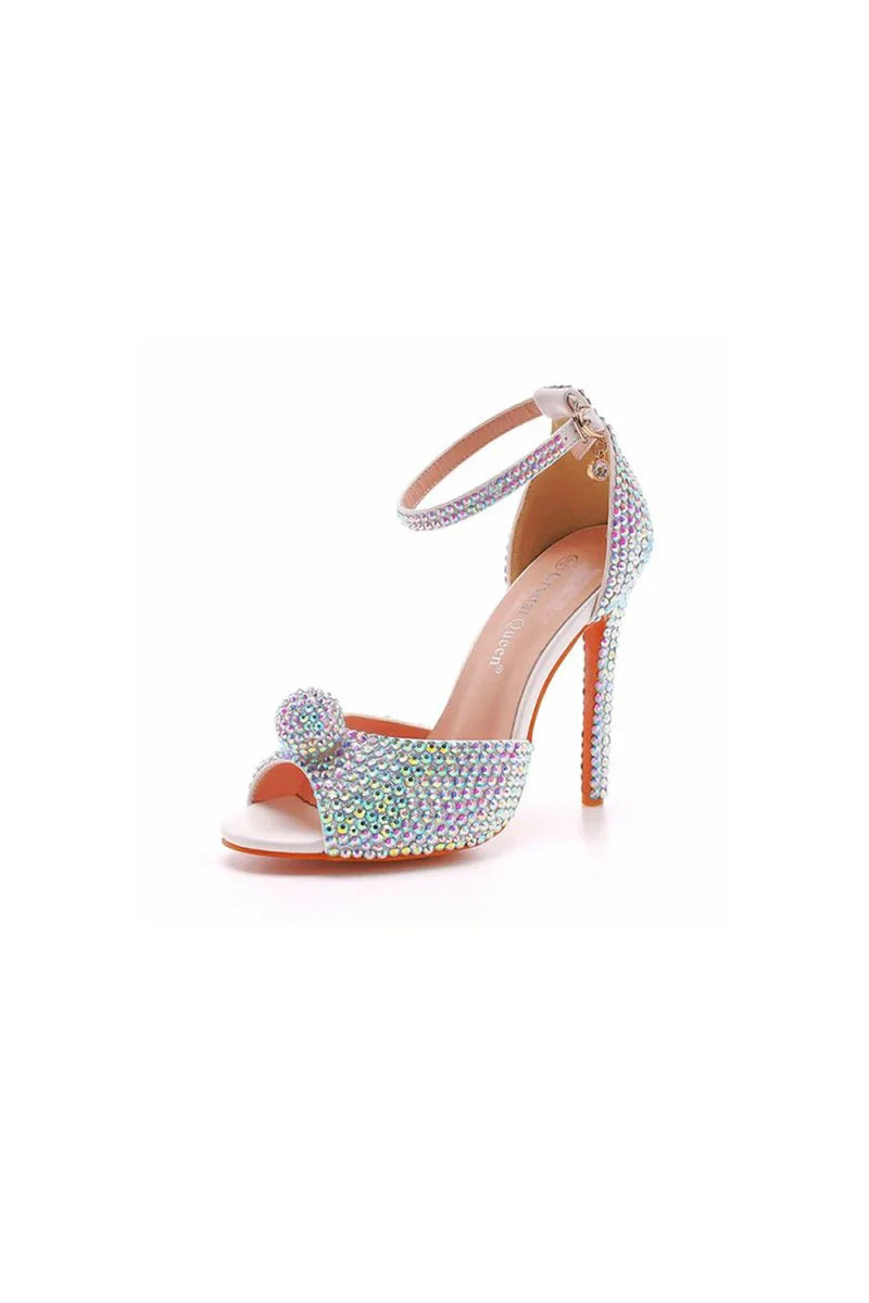 Rhinestone Embellished Open Toe Ankle Strap Stiletto Heels