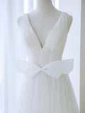 A Line V Neck White Tulle Long Wedding Dress with Bow