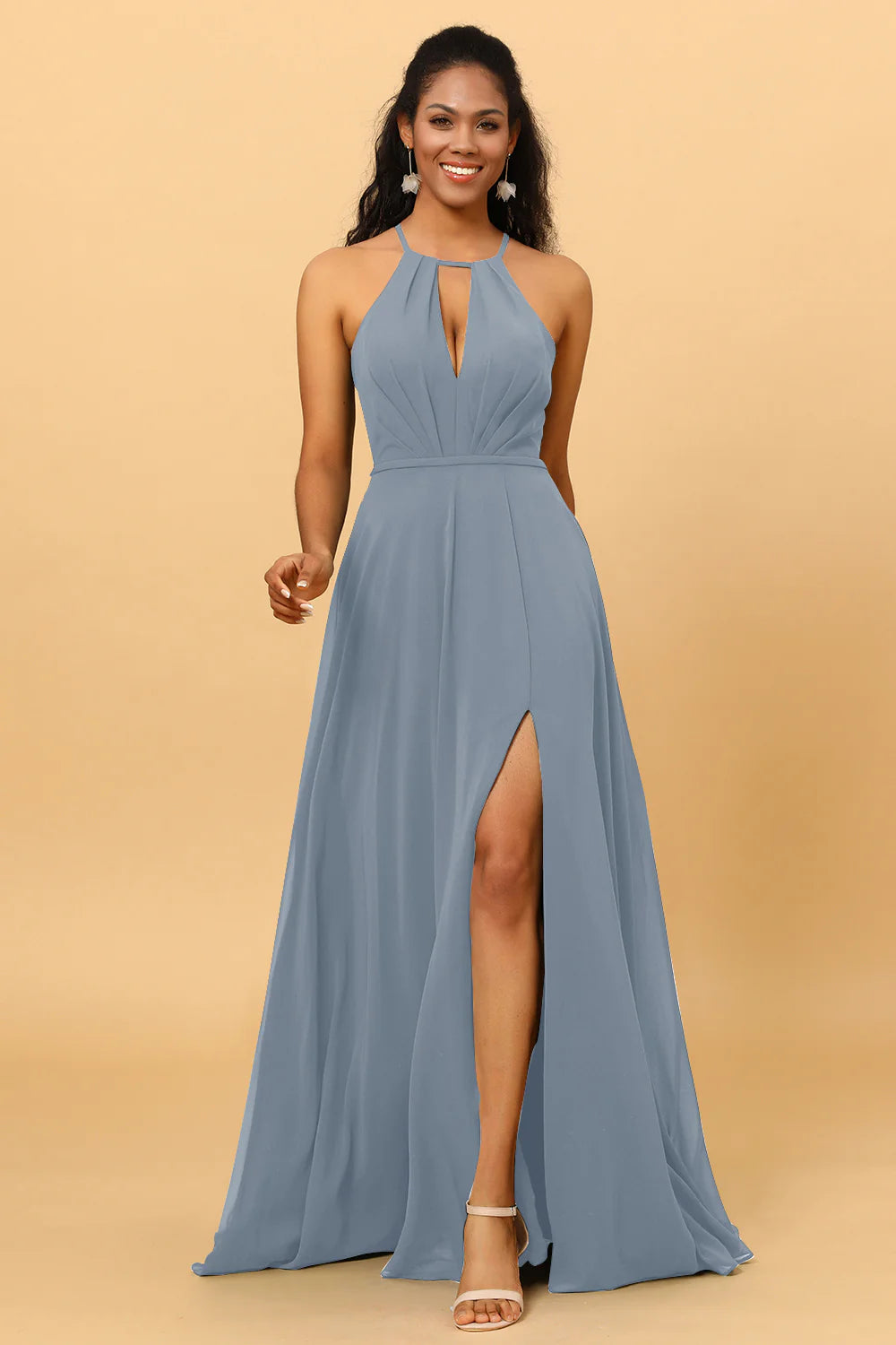A Line Halter Open Back Long Chiffon Bridesmaid Dress With Slit