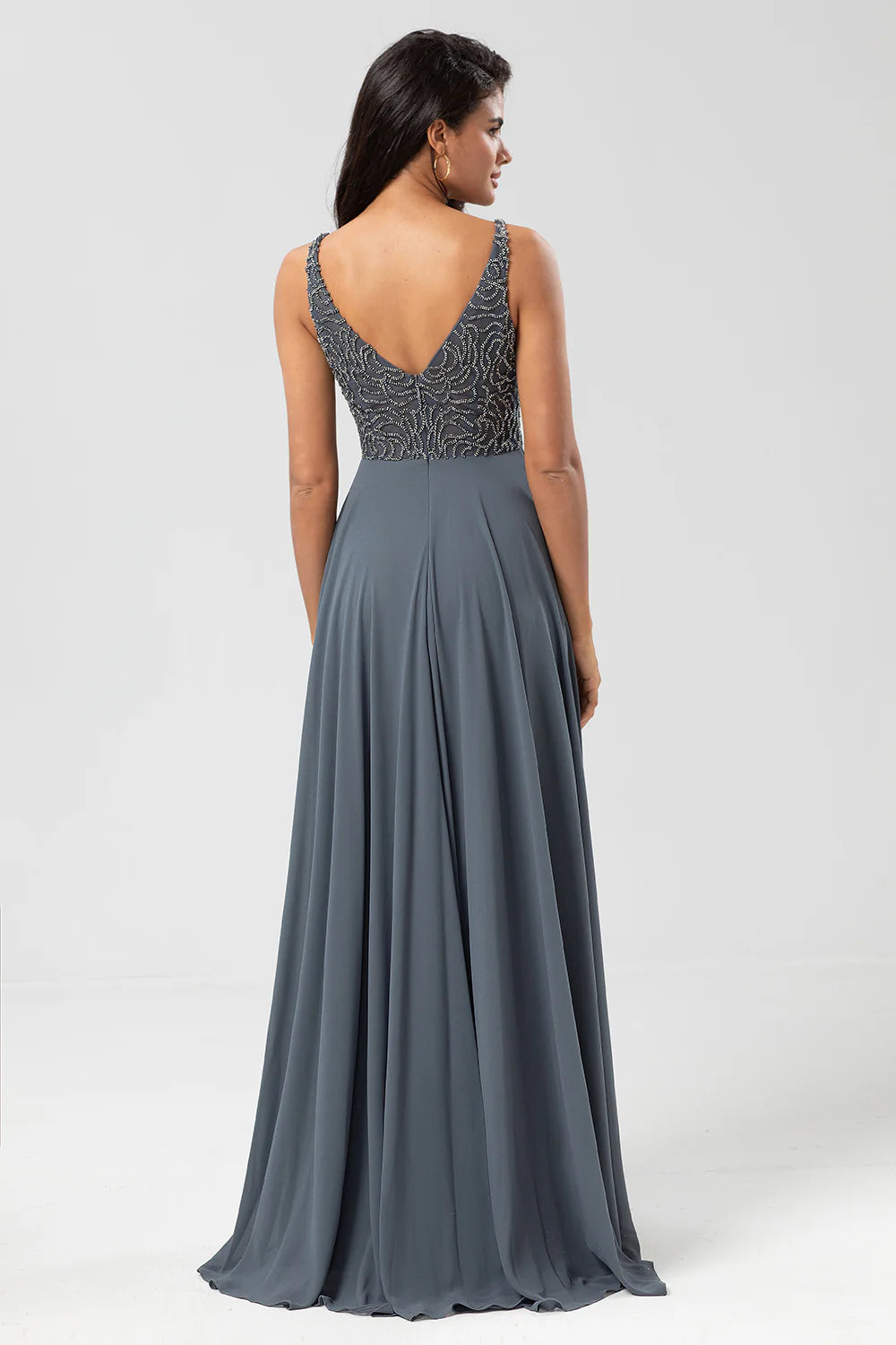 A Line Beaded Eucalyptus Long Bridesmaid Dress