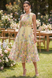 A Line Yellow One Shoulder Floral Wedding Guest Dress