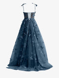 Navy Blue A line Butterfly Lace Lilac Corset Prom Dress with Slit