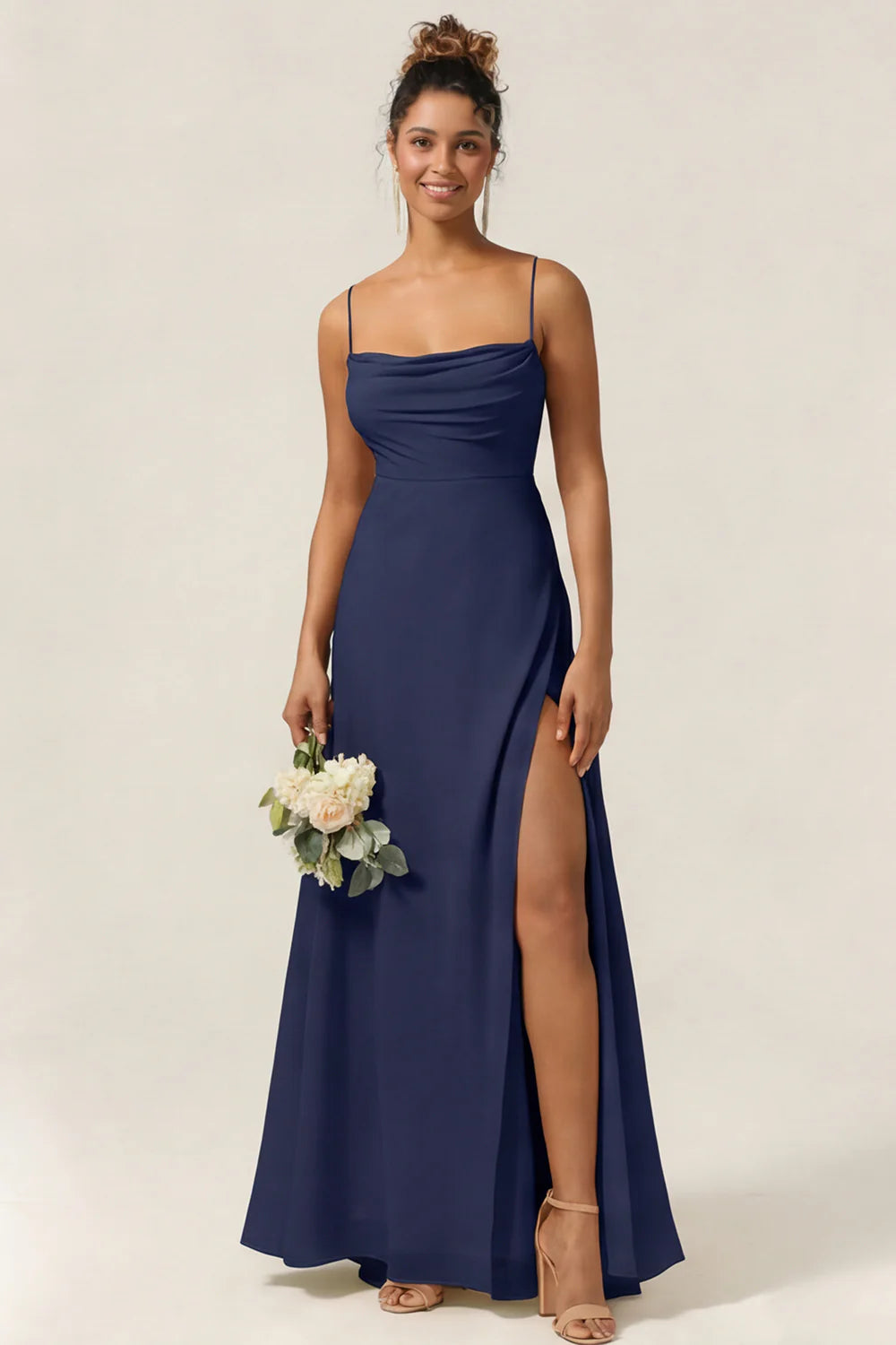 Blue Flower A Line Spaghetti Straps Chiffon Long Bridesmaid Dress with Slit
