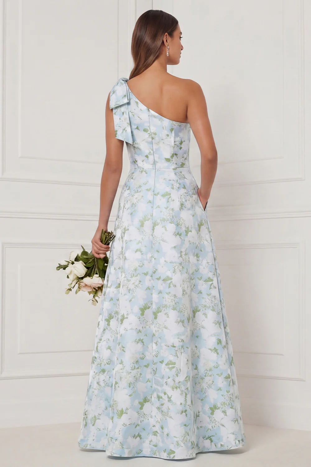 One Shoulder A Line Blue White Flower Bridesmaid Dress with Slit