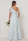 One Shoulder A Line Blue White Flower Bridesmaid Dress with Slit