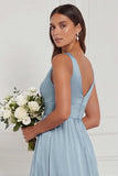 Dusty Blue A Line V Neck Bridesmaid Dress with Slit