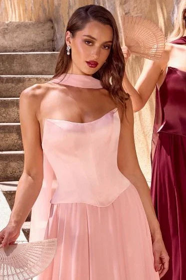 ISABELLA GOWN STRAPLESS CHIFFON DRESS WITH SCARF