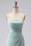 Simple Green Strapless Mermaid Long Bridesmaid Dress with Slit