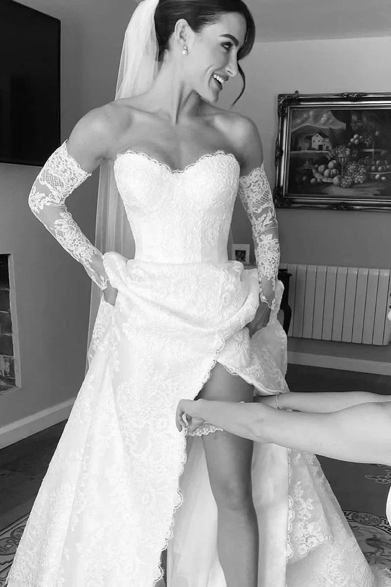 Vintage A Line Sweetheart White Lace Wedding Dresses with Slit
