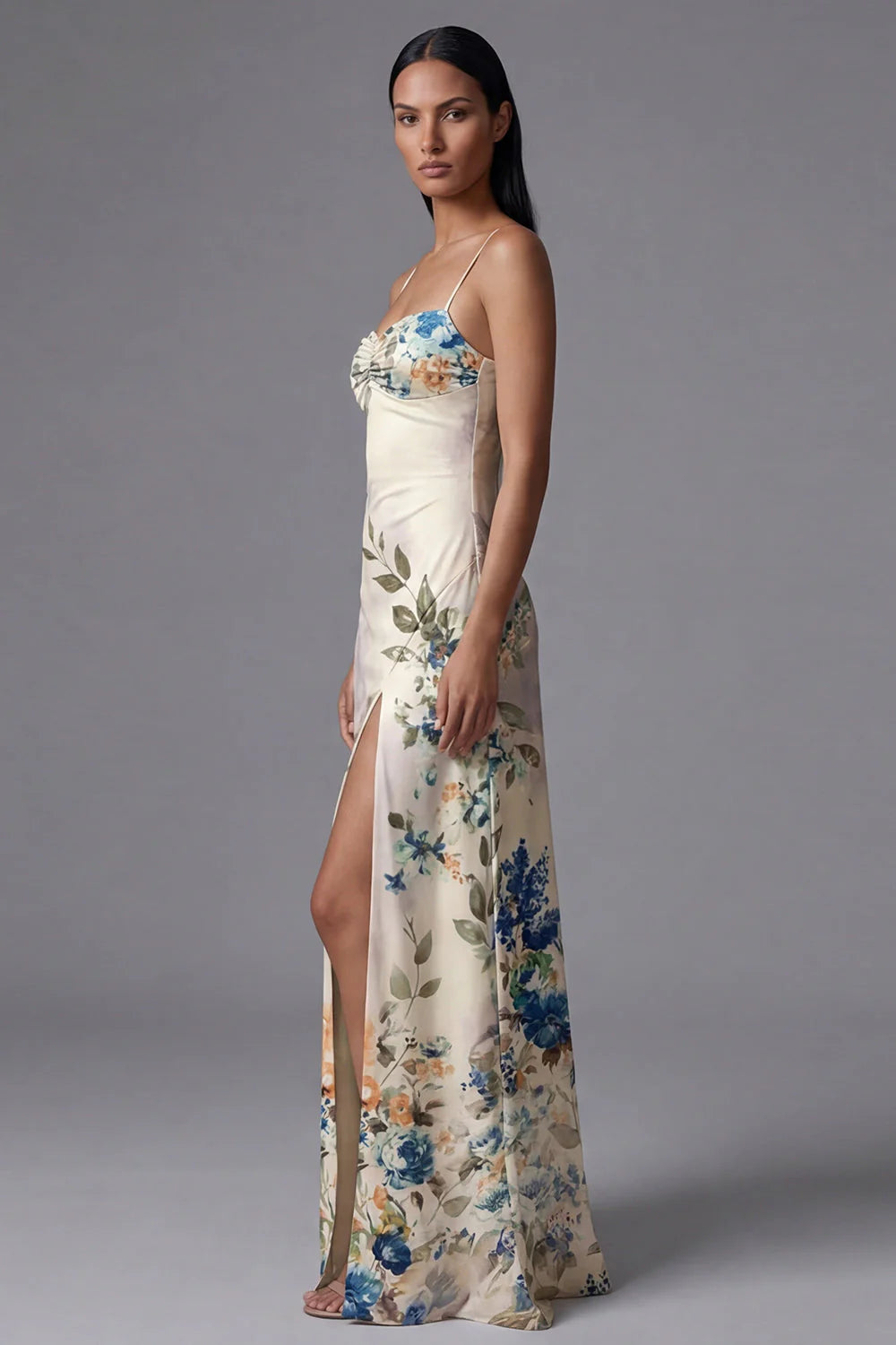 Floral Printed Ivory Ruched Long Formal Dress with Slit