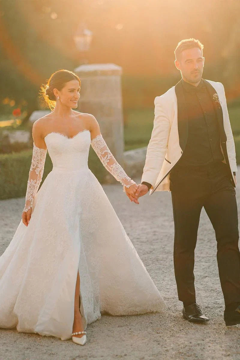 Vintage A Line Sweetheart White Lace Wedding Dresses with Slit