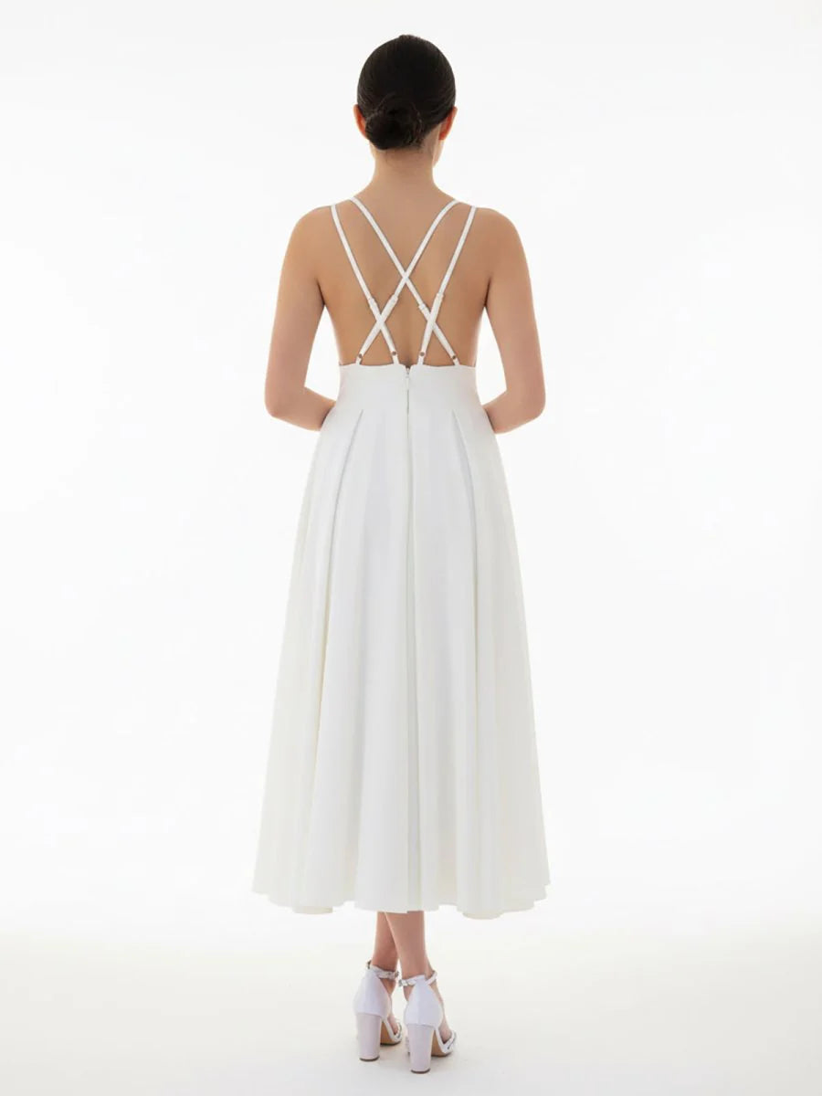 A Line V Neck Sleeveless Satin Knee Length Wedding Dress