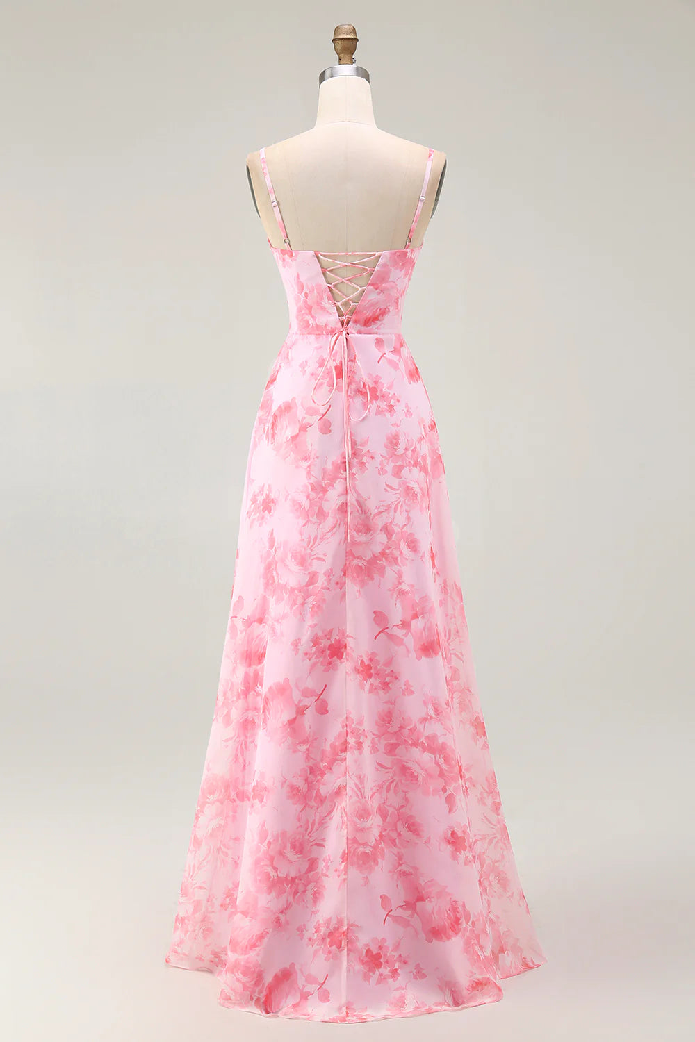 Pink Flower A Line Cowl Neck Print Long Bridesmaid Dress with Slit