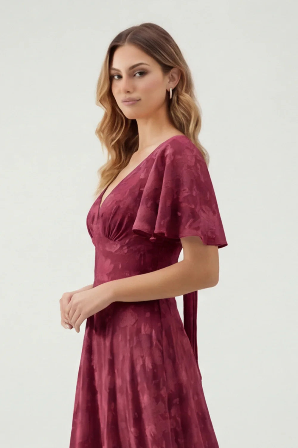 A Line Sage Green Floral Jacquard Flutter Sleeves Maxi Dress with Bow Back