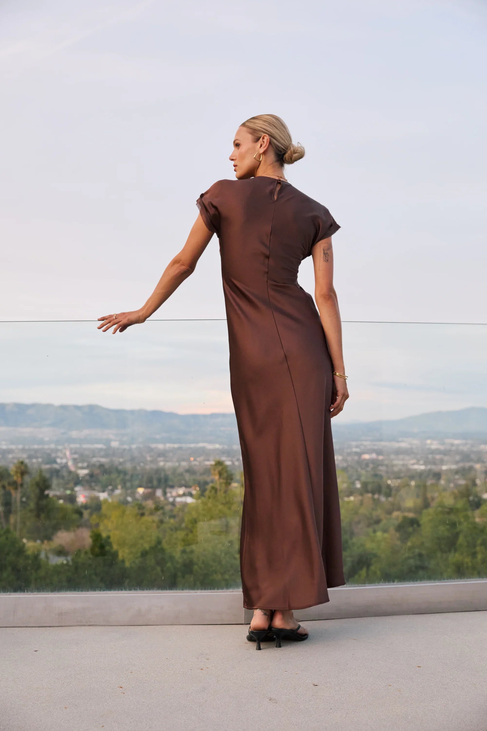 Hannah Satin Maxi Dress in Brown