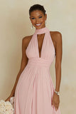 Halter Blush Pink A Line Cut Out Chiffon Long Bridesmaid Dress