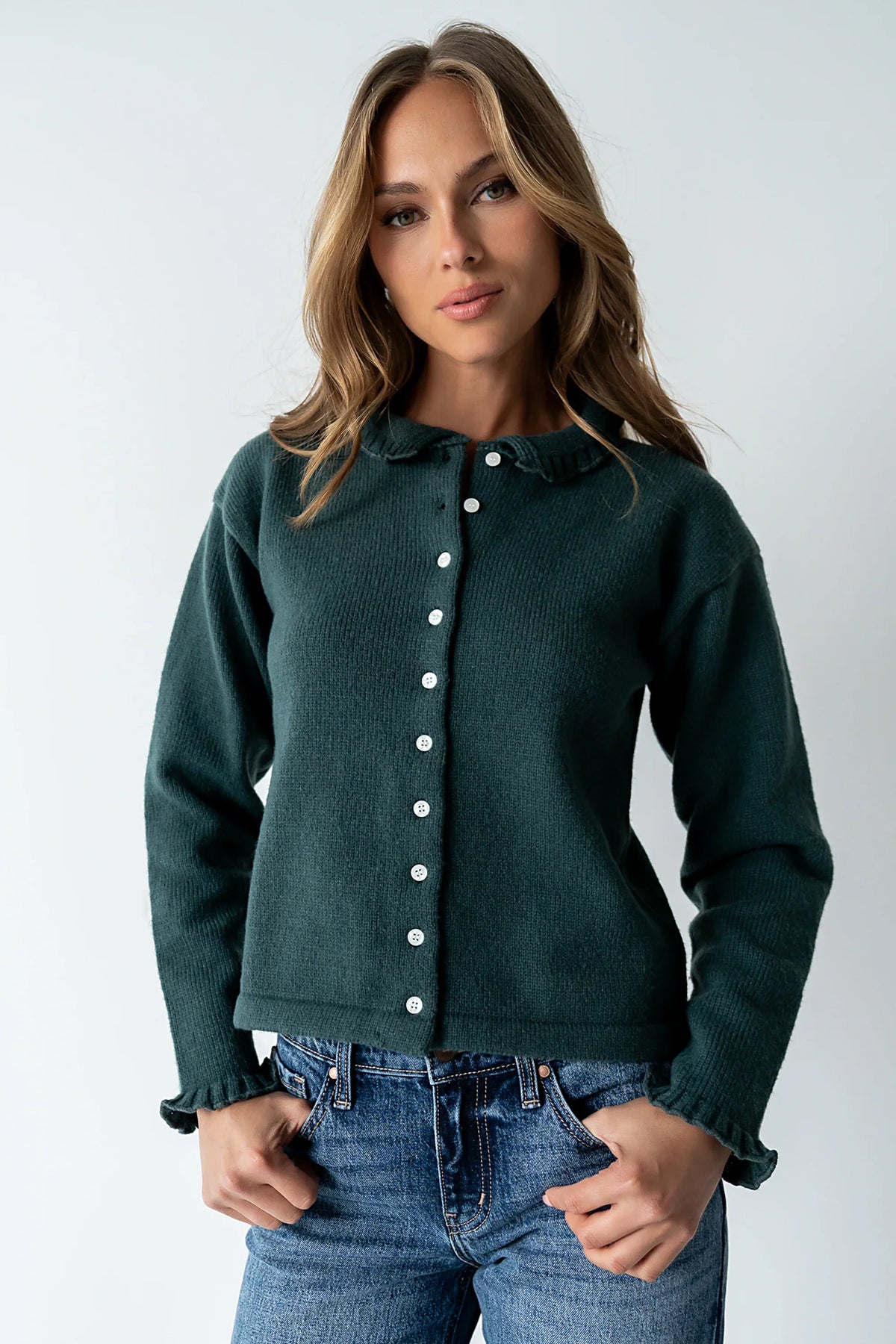 Trixie Ruffled Cardigan in Hunter Green