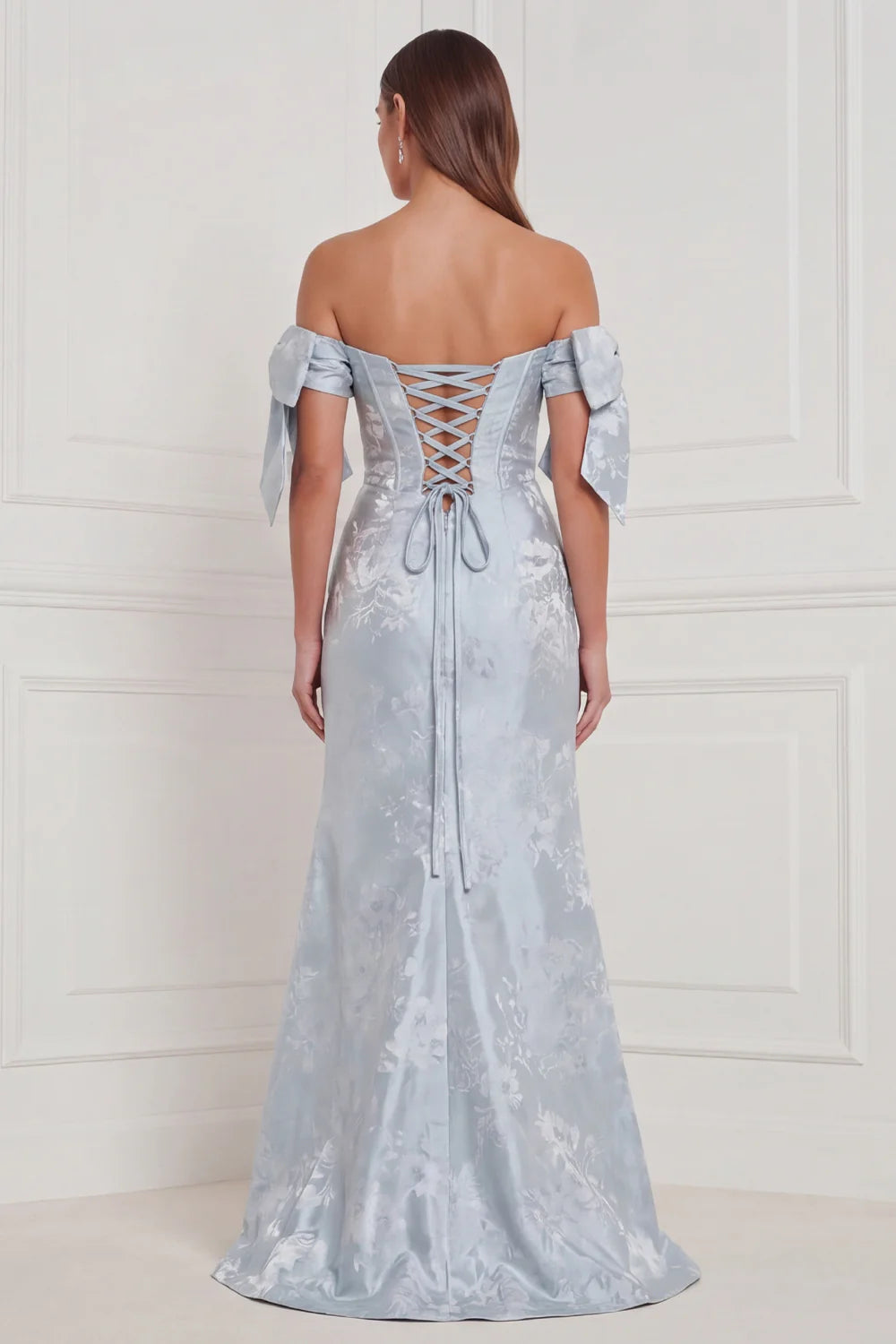 Off the Shoulder Blue Floral Mermaid Bridesmaid Dress with Slit
