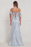 Off the Shoulder Blue Floral Mermaid Bridesmaid Dress with Slit