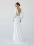 Casual V neck mermaid Sweep Train Long Sleeve Wedding Dress With Slit