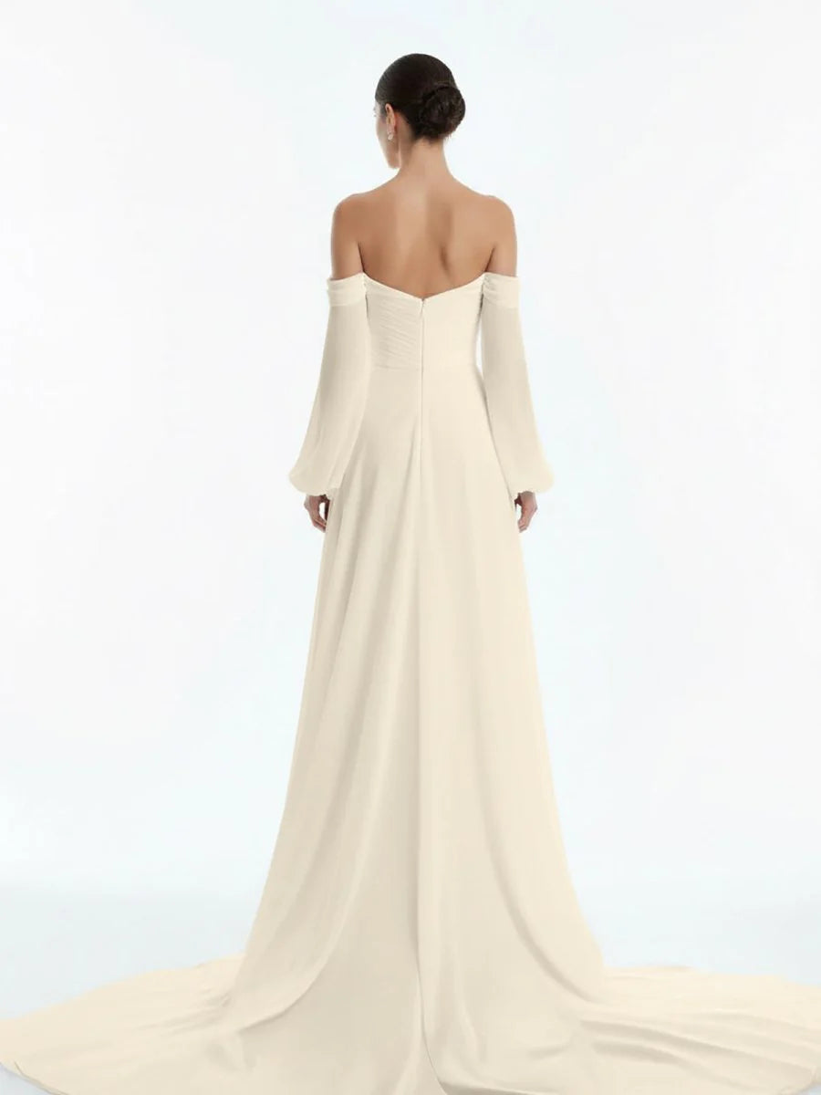 A Line Sweetheart Long Sleeves Chiffon Sweep Train Wedding Dress