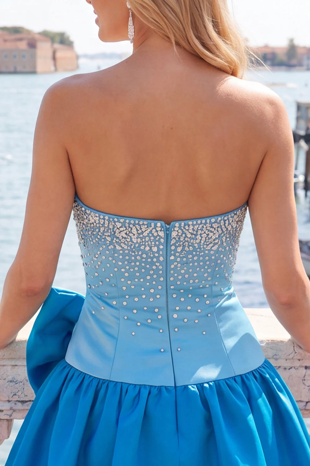 Beaded A Line Strapless Blue Homecoming Dress with Bow