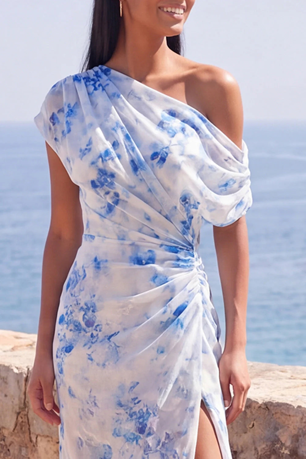 One Shoulder Blue Flower Wedding Guest Dress with Slit