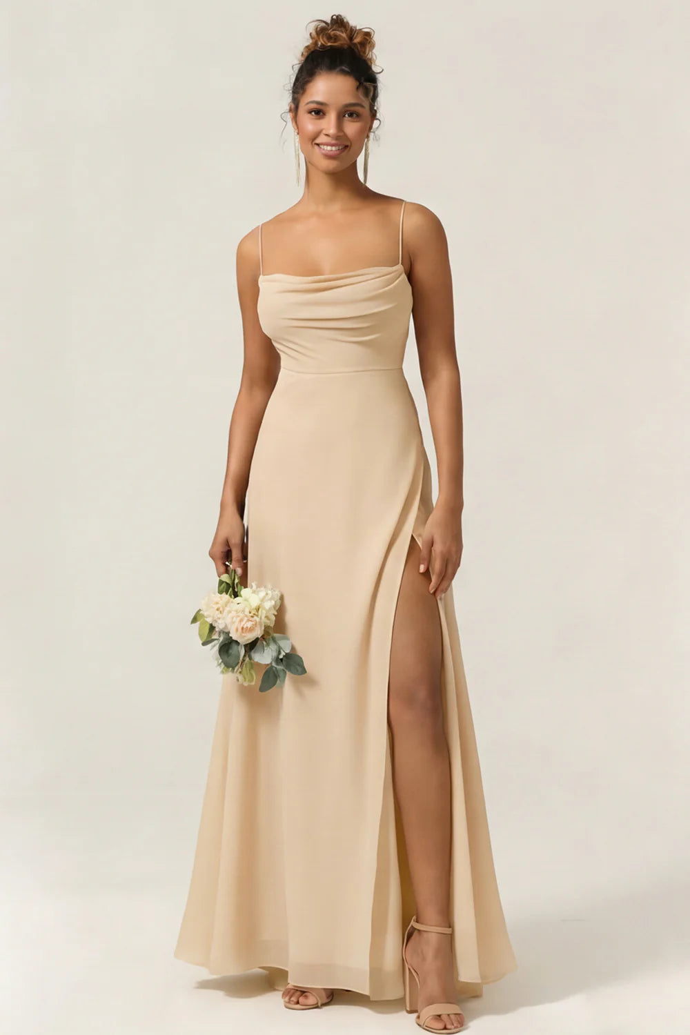 Blue Flower A Line Spaghetti Straps Chiffon Long Bridesmaid Dress with Slit