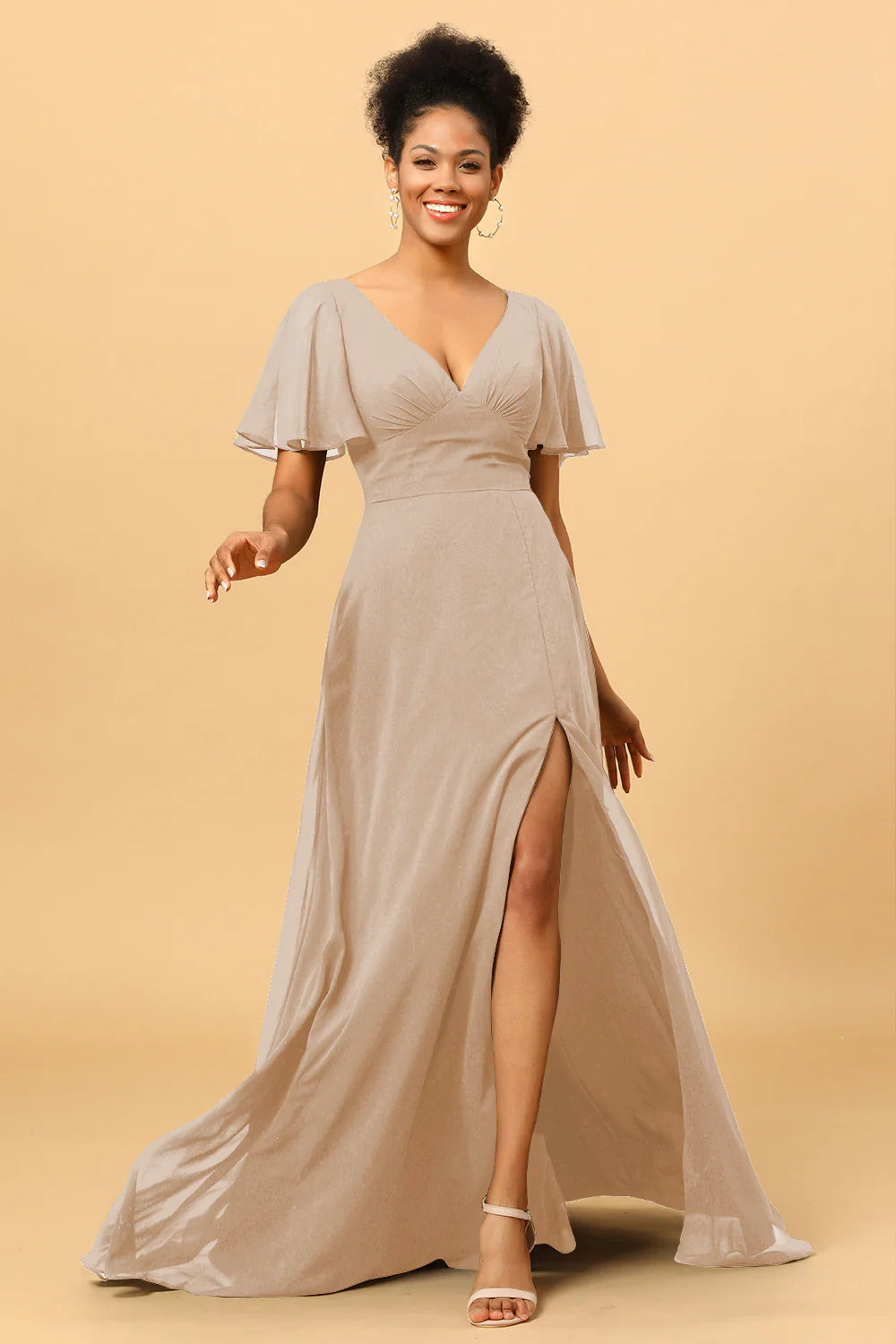 A Line V Neck Long Chiffon Bridesmaid Dress with Slit
