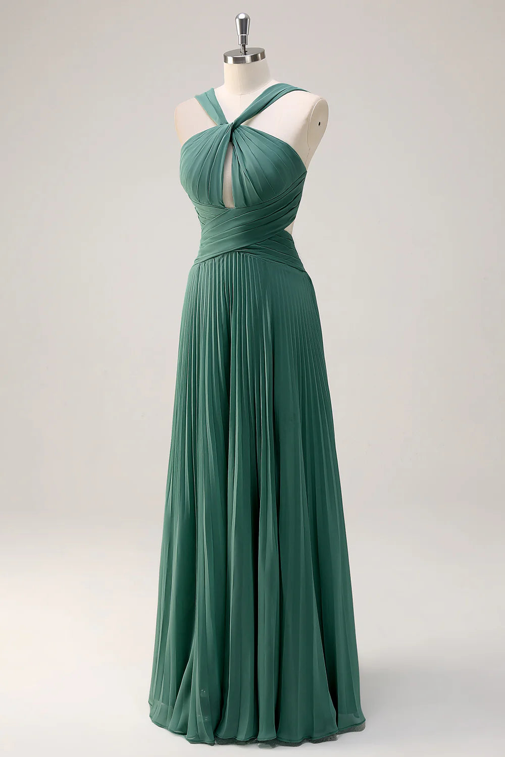 Eucalyptus A Line Hollow Out Pleated Floor Length Bridesmaid Dress with Slit