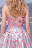 Silver A Line Strapless Short Homecoming Dress with Pink Bows