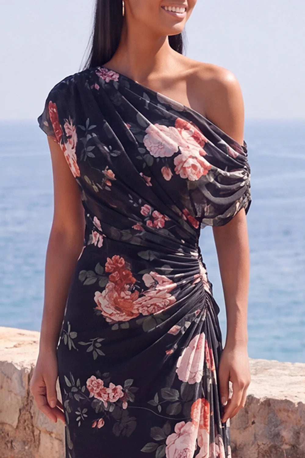One Shoulder Ivory Floral Sheath Wedding Guest Dress with Slit