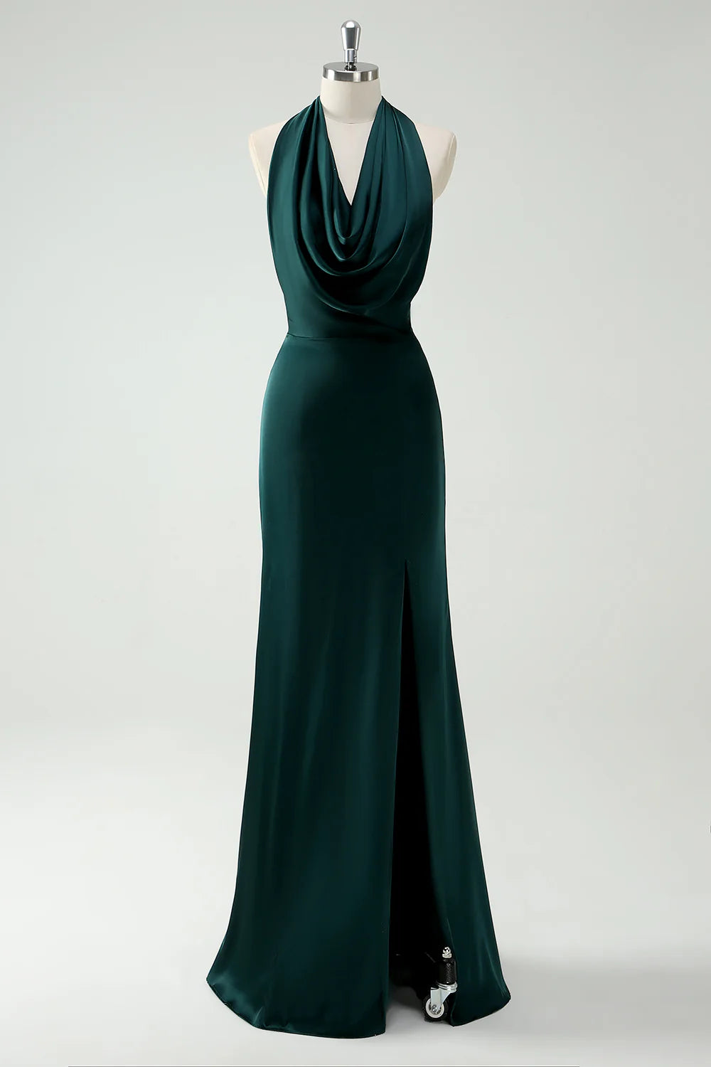 Pine Sheath Halter Cowl Neck Open Back Long Bridesmaid Dress with Slit