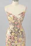 Yellow Flower Bodycon Sequins Spaghetti Straps Homecoming Dress with Lace Up Back