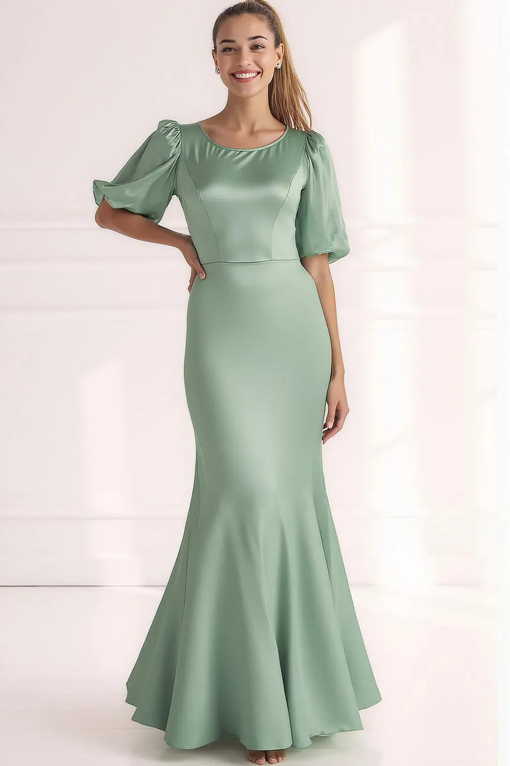 Champagne Mermaid Scoop Nevk Formal Dress with Half Sleeves