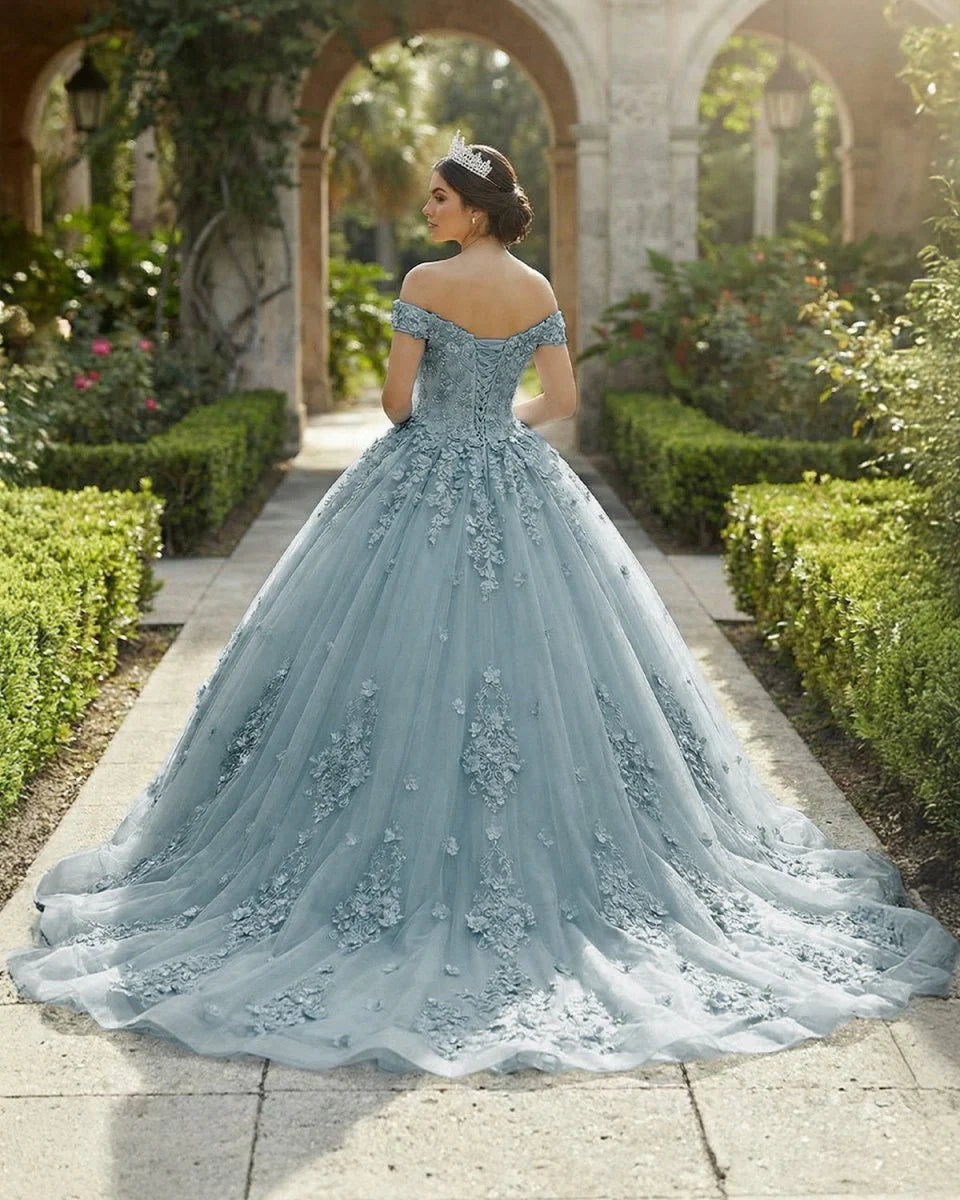Acacia Lace Dusty Blue Off the Shoulder Ball Gown Quinceanera Dresses