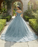 Acacia Lace Dusty Blue Off the Shoulder Ball Gown Quinceanera Dresses