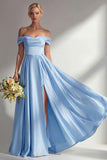 Off the Shoulder A Line Blue Satin Long Bridesmaid Dress with Slit