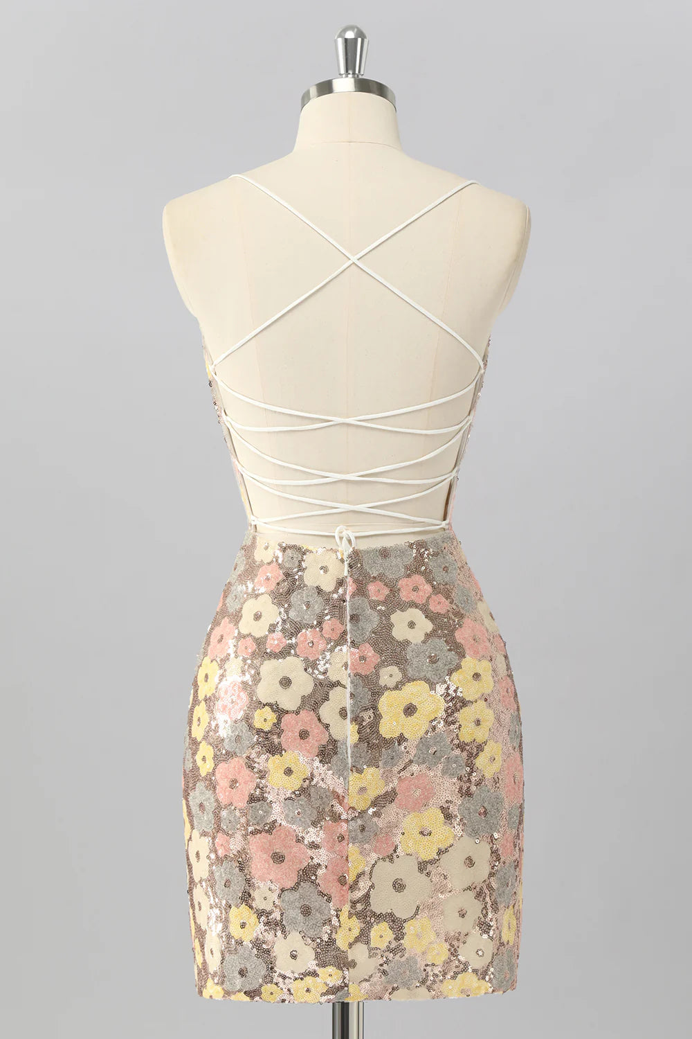 Yellow Flower Bodycon Sequins Spaghetti Straps Homecoming Dress with Lace Up Back