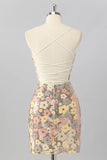 Yellow Flower Bodycon Sequins Spaghetti Straps Homecoming Dress with Lace Up Back